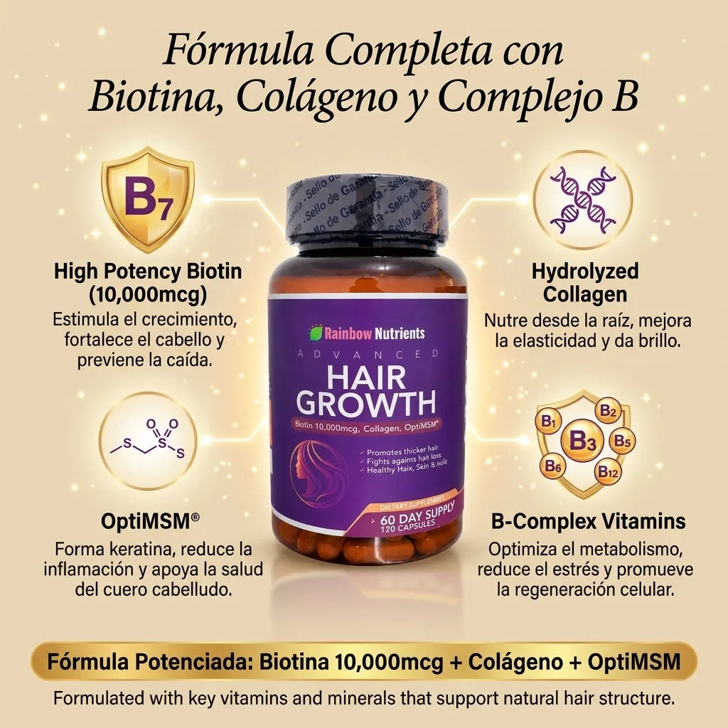 HAIR GROWTH ADVANCED — Biotina 10,000 mcg + Colágeno + OptiMSM® | 120 Cápsulas (60 Días)